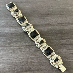 Vintage Mexican Alpaca Panel Bracelet Tribal Carved Black Onyx